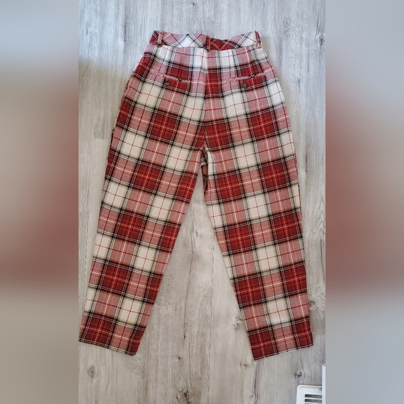 H&M Red & White Plaid High Rise Pleated Front Tweed Trousers Pants Size 4 - Picture 6 of 10